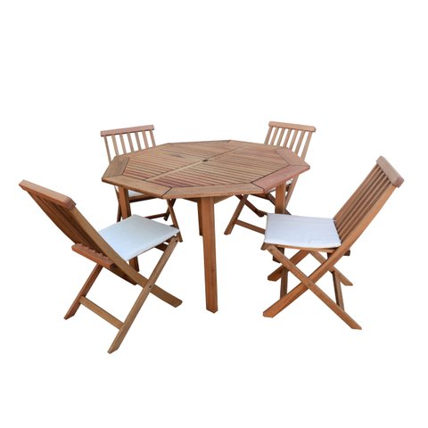 Conjunto Madeira Mesa Oitavada com Furo para Ombrelone 4 Cadeiras Dobráveis