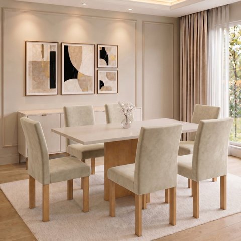 Conjunto de Mesa 6 Lugares com 6 Cadeiras em MDF 160x80cm Cinamomo Off White e Bege