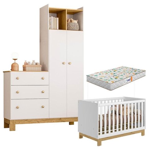 Berço Americano Mini Cama 4315 e Guarda Roupa com Cômoda 4970 Q Encanto Slim Branco Acetinado