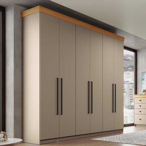 Roupeiro Casal London MDF 225x220cm 2 Gavetas 6 Portas Corda/Freijó LON62