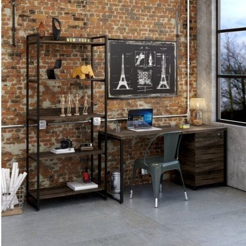 Conjunto Industrial 3 Peças 1 Escrivaninha 1 Estante e 1 Gaveteiro Kuadra preta