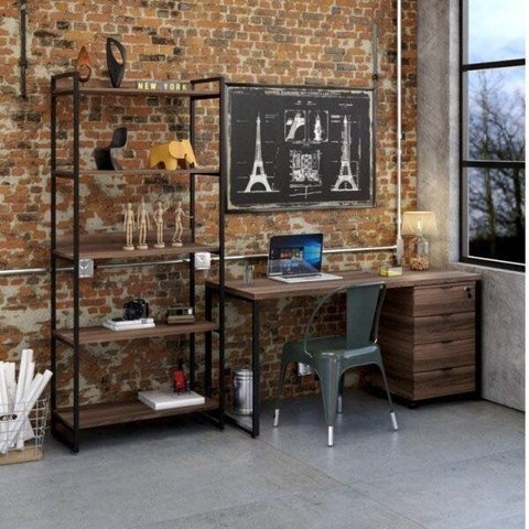 Conjunto Industrial 3 Peças 1 Escrivaninha 1 Estante e 1 Gaveteiro Kuadra Yescasa Preta