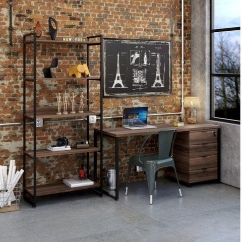 Conjunto Industrial 3 Peças 1 Escrivaninha 1 Estante e 1 Gaveteiro Kuadra preta