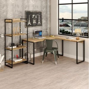Kit Industrial 2 Peças 1 Escrivaninha em L e 1 Estante 4 Prateleiras Kuadra
