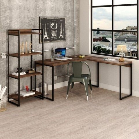 Conjunto Industrial 2 Peças 1 Escrivaninha em L e 1 Estante 4 Prateleiras Yescasa Kuadra Nogal