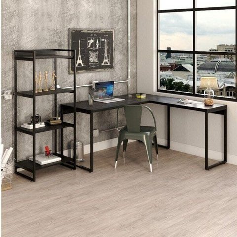 Conjunto Industrial 2 Peças 1 Escrivaninha em L e 1 Estante 4 Prateleiras Kuadra Preta