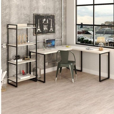 Conjunto Industrial 2 Peças 1 Escrivaninha em L e 1 Estante 4 Prateleiras Yescasa Kuadra Branco