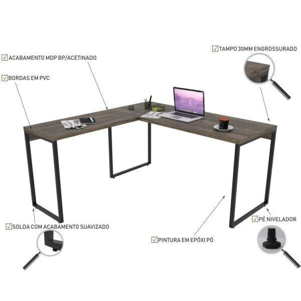 Conjunto Home Office 2 Peças com 1 Escrivaninha em L e 1 Estante 4 Prateleiras Kuadra  - 9