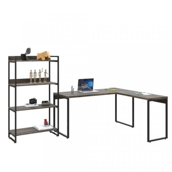 Conjunto Home Office 2 Peças com 1 Escrivaninha em L e 1 Estante 4 Prateleiras Kuadra  - 6