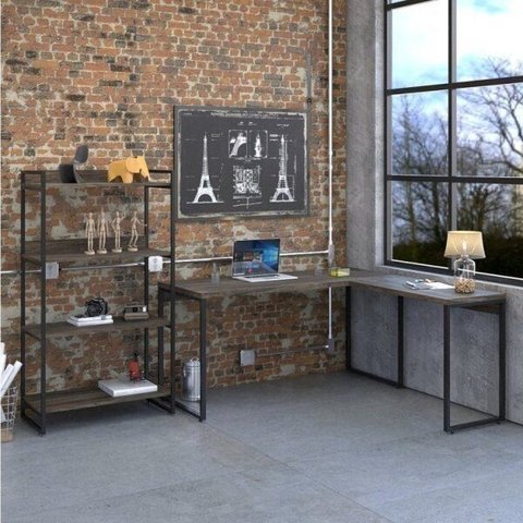 Conjunto 2 Peças com 1 Escrivaninha em L e 1 Estante 4 Prateleiras Kuadra Industrial