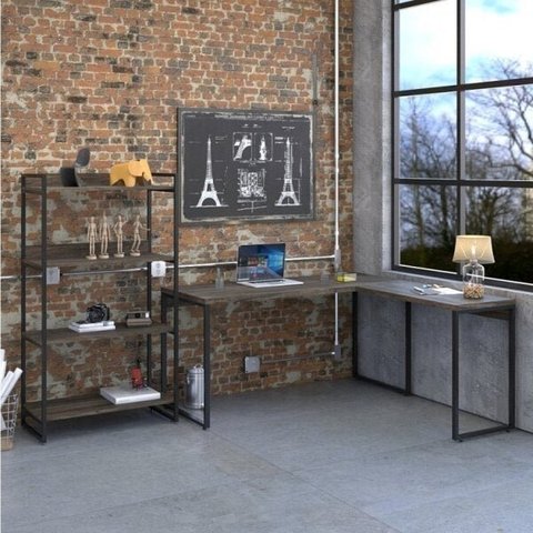 Conjunto 2 Peças com 1 Escrivaninha em L e 1 Estante 4 Prateleiras Kuadra Industrial