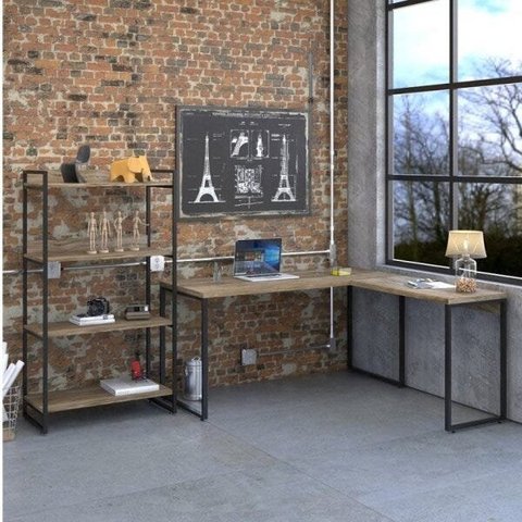 Conjunto 2 Peças com 1 Escrivaninha em L e 1 Estante 4 Prateleiras Kuadra Industrial