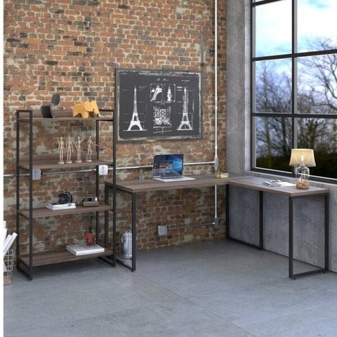Conjunto 2 Peças com 1 Escrivaninha em L e 1 Estante 4 Prateleiras Kuadra Industrial