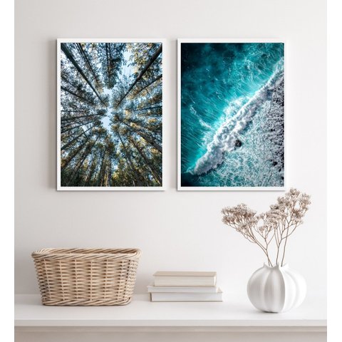 Kit 2 Quadros Decorativos Fotografias Árvores e Mar 24x18cm:madeira Branca