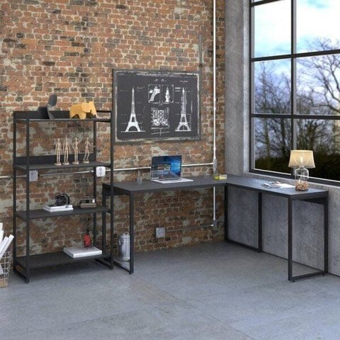 Conjunto 2 Peças com 1 Escrivaninha em L e 1 Estante 4 Prateleiras Kuadra Industrial