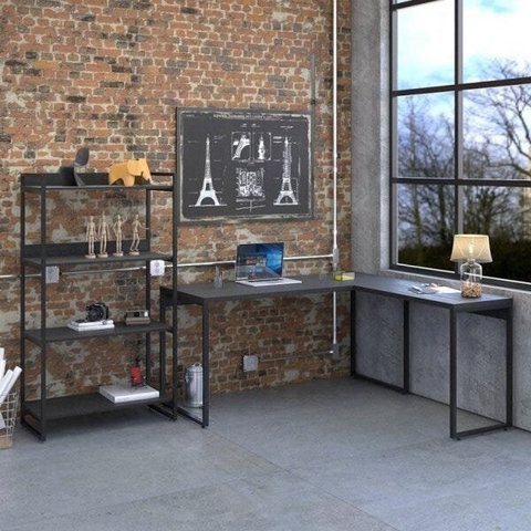 Conjunto 2 Peças com 1 Escrivaninha em L e 1 Estante 4 Prateleiras Kuadra Industrial