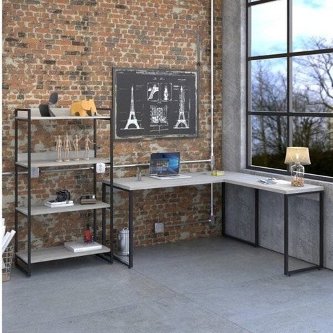 Conjunto 2 Peças com 1 Escrivaninha em L e 1 Estante 4 Prateleiras Kuadra Industrial