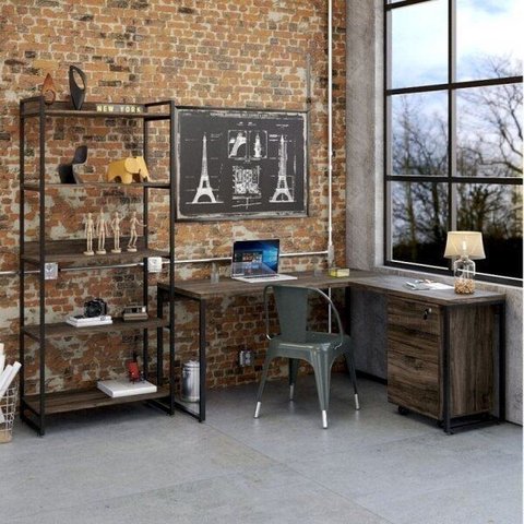 Conjunto Industrial 3 Peças 1 Escrivaninha em L 1 Estante e 1 Gaveteiro Kuadra Yescasa Preta Marrom