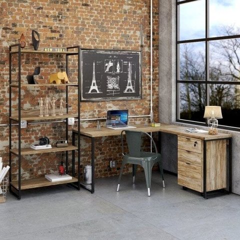 Conjunto Industrial 3 Peças 1 Escrivaninha em L 1 Estante e 1 Gaveteiro Kuadra preta