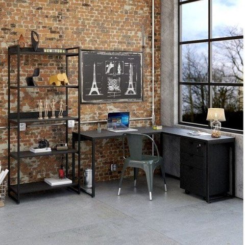 Conjunto Industrial 3 Peças 1 Escrivaninha em L 1 Estante e 1 Gaveteiro Kuadra Yescasa Ônix