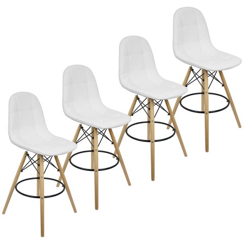 Kit 4 Banquetas Botonê Eiffel Assento Couro Base Fixa Madeira - Branco