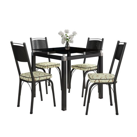 Conjunto Mesa de Jantar Tubular Malva Tampo de Vidro Quadrado 75cm com 4 Cadeiras 151 Sf Preto/Cedro