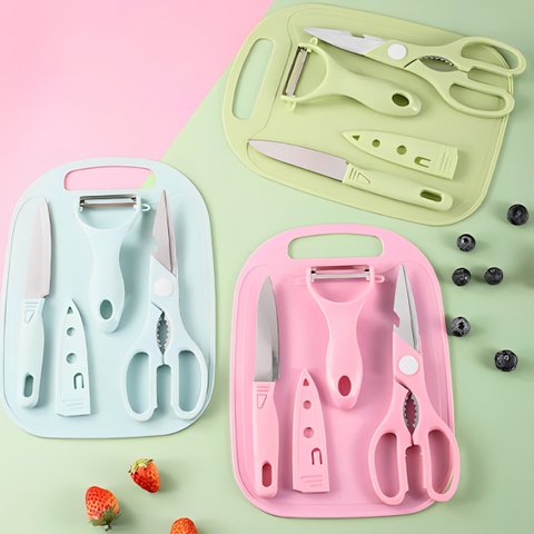 Kit Cozinha 4 Peças - Faca, Tesoura, Descascador e Tábua
