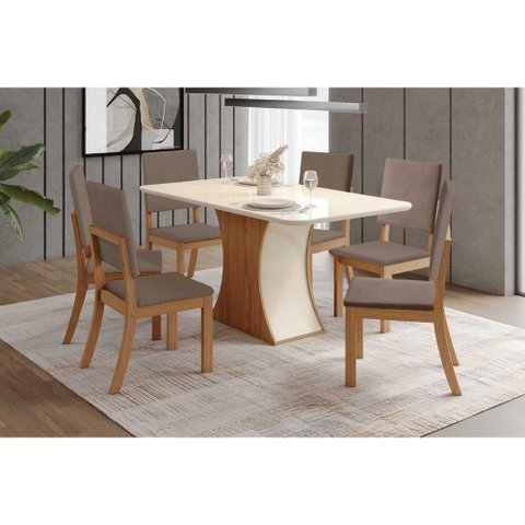 Conjunto: Mesa Sala Jantar Luiza C/ Tampo Curvo Madeirado C/ Vidro 160x80cm e 6 Cadeiras Milla