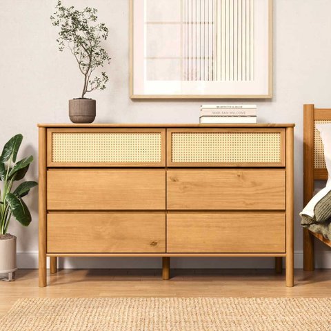 Cômoda 6 Gavetas Quarto Adulto Madeira Rattan com Pés Elevados Freijó Cefira Idimex