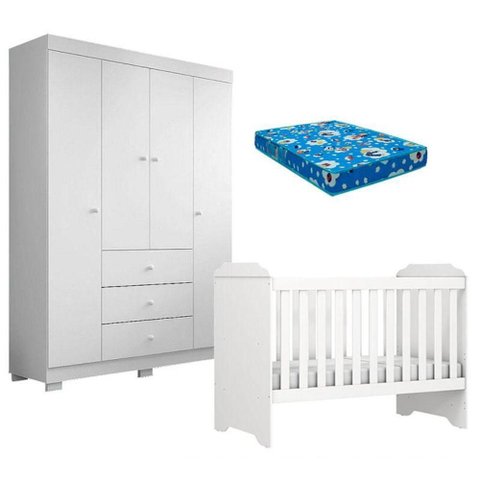 Berço Americano Mini Cama Mel e Guarda Roupa Duda 4 Portas Branco Brilho com Colchão Ortobom