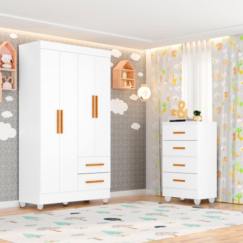 Quarto Bebê Infantil com Guarda-Roupa 4 Portas e 2 Gavetas com Cômoda 4 Gavetas Branco