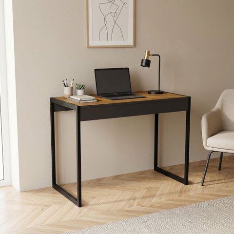 Escrivaninha Industrial 90cm Base de Aço com Tampo 100% Mdf para Escritório - Nature/pé Preto