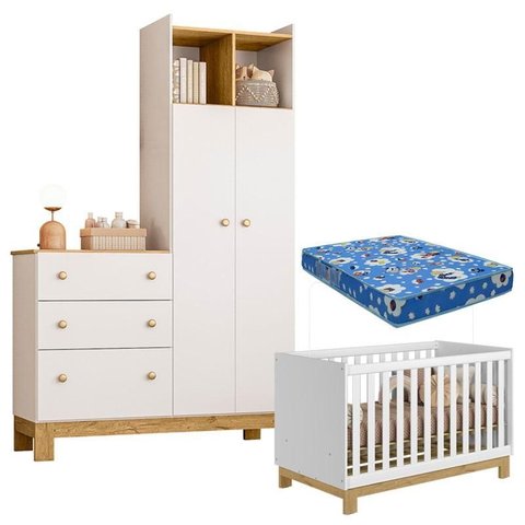 Berço Americano Mini Cama 4315 e Guarda Roupa com Cômoda 4970 Q Encanto Slim Branco Acetinado com Co
