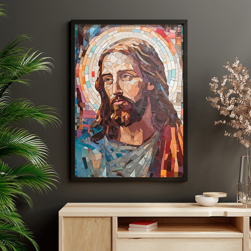 Quadro Jesus Cristo Geométrico Moldura Preta e Vidro - 5