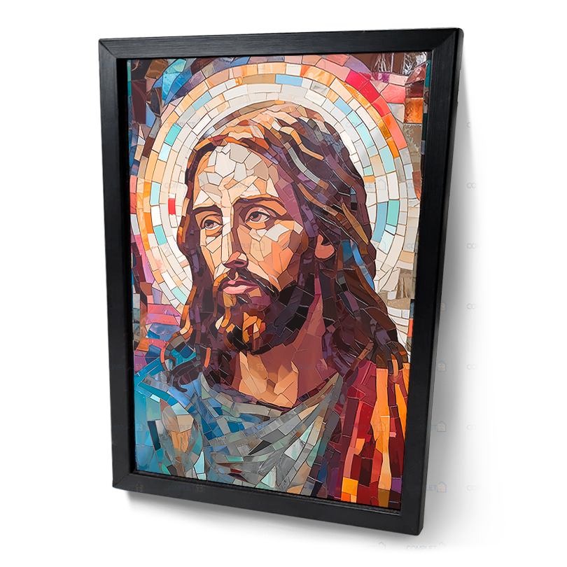 Quadro Jesus Cristo Geométrico Moldura Preta e Vidro