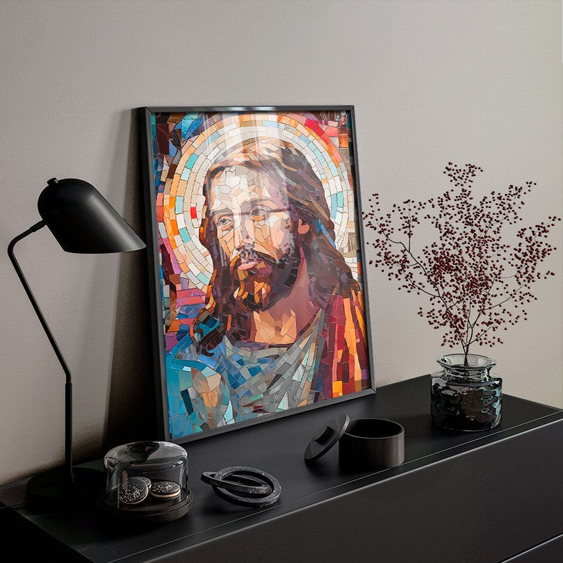 Quadro Jesus Cristo Geométrico Moldura Preta e Vidro - 4