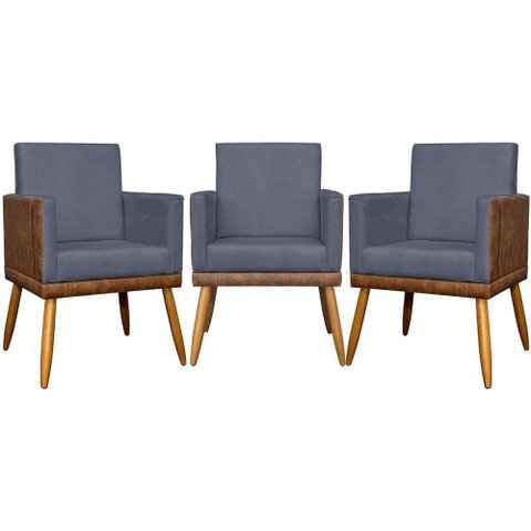 Kit 3 Poltronas Decorativas Lis Corino e Pé Palito - Cinza Suede Corino