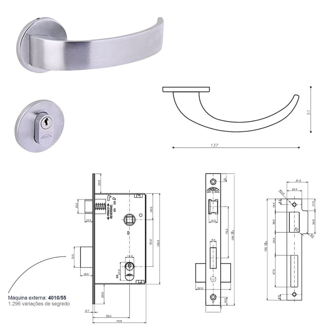 Fechadura Externa Arc 1086546/55 - Cromado Escovado Arouca - 2