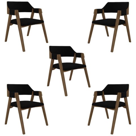 Kit 5 Cadeiras Sala de Jantar e Jogos Carteados Madeira Maciça Poker Veludo Preto-nogueira G42 -