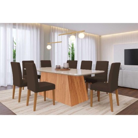 Conjunto: Mesa Sala Jantar Helena Tampo Madeirado C/ Vidro 210x100cm e 8 Cadeiras Maia Cinamomo/off