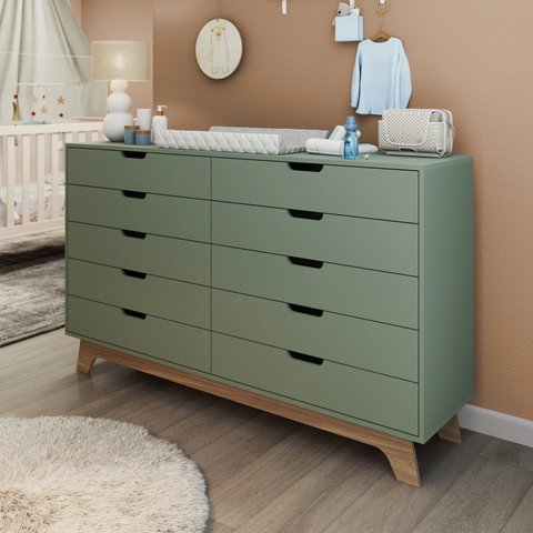 Cômoda para Quarto Infantil 10 Gavetas 100% MDF Alice Verde/Verti/Freijó