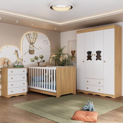 Quarto de Bebê Completo com Berço Americano 3 em 1 Doçura Multimóveis Mp4650 Madeirado/branco