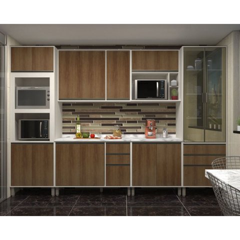 Cozinha Completa Modulada 7 Peças, Paneleiro Vidro Reflecta, Armários e Balcões Linea Luciane Móveis