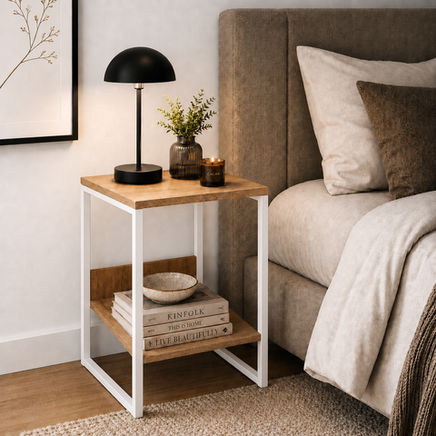 Mesa Cabeceira de Cama Criado Industrial Base de Ferro Branco Tampo Canela