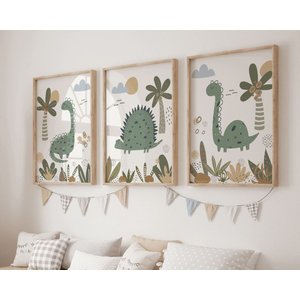 Kit 3 Quadros Dinossauro Verde Quarto Menino Infantil Bebê