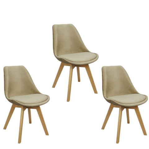Kit 3 Cadeiras Charles Eames Leda Veludo Luisa Saarinen Estofada Base Madeira - Bege