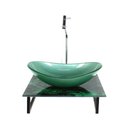 Ver imagem 1 de Gabinete de Vidro com Cuba Oval com Tampo de Vidro 40cm X 40cm Mármore Verde Mais Torneira Metal