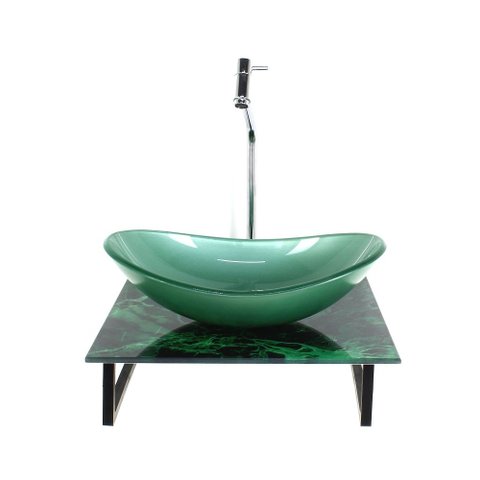 Gabinete de Vidro com Cuba Oval com Tampo de Vidro 40cm X 40cm Mármore Verde Mais Torneira Metal
