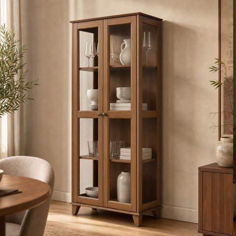 Cristaleira para Sala de Jantar 80cm 2 Portas Madeira Maciça e Vidro Aton S05 Ipê - Lyam Decor