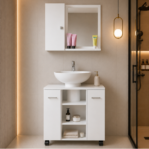 Kit Organizador para Banheiro Gabinete Premium e Espelheira Gênova - Branco